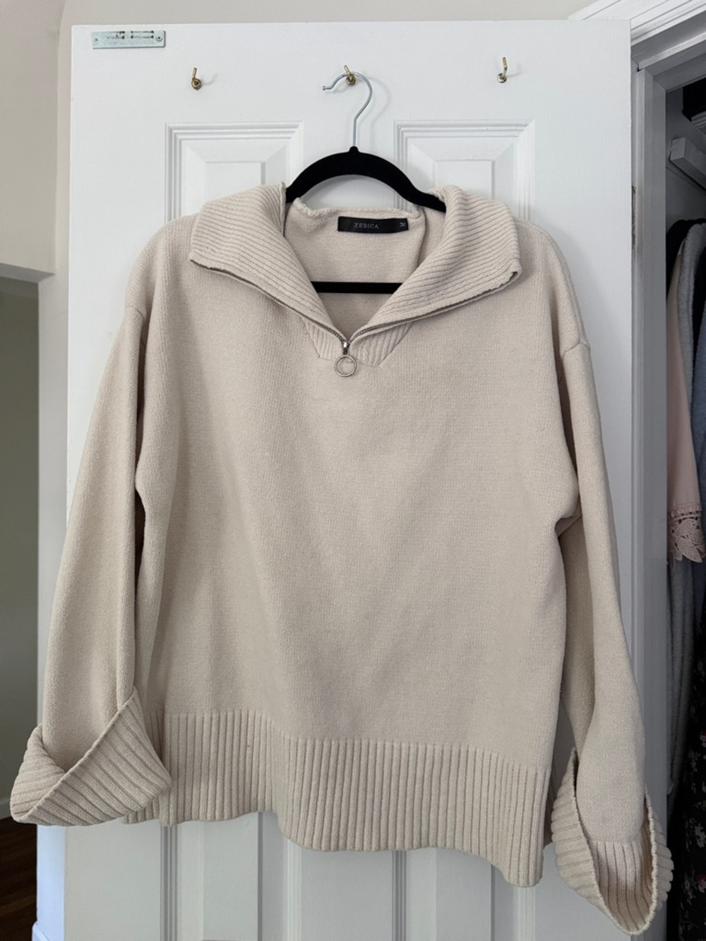 Half-Zip Ribbed Collar Sweater with Cuffed Sleeves in Cream